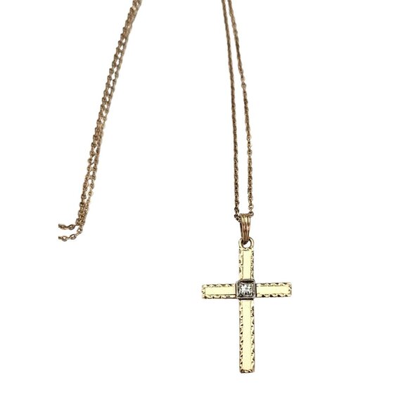 10K Yellow Gold, Diamond Chip Cross Pendant Vintage Chain Necklace 18.5" L, L542 - Picture 2 of 12